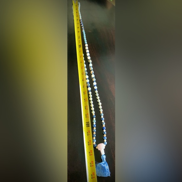Mala Prayer Bead Necklace 29" with blue silk tassel and rose quartz guru bead - Picture 6 of 6
